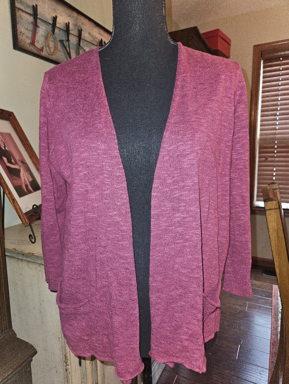 Eileen Fisher Open-Front Cardigan in Raspberry Heather/maroon ¾ Sleeve